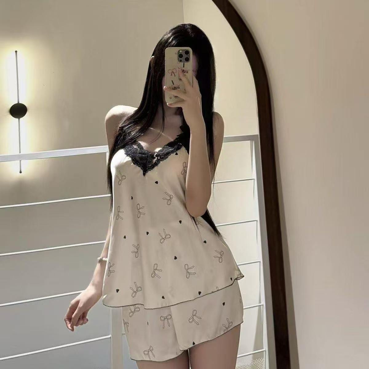 French-Style Sweet Cartoon Pajama Set for Women, Ice Silk Camisole and Shorts Loungewear with Lace Trim — detail image 4