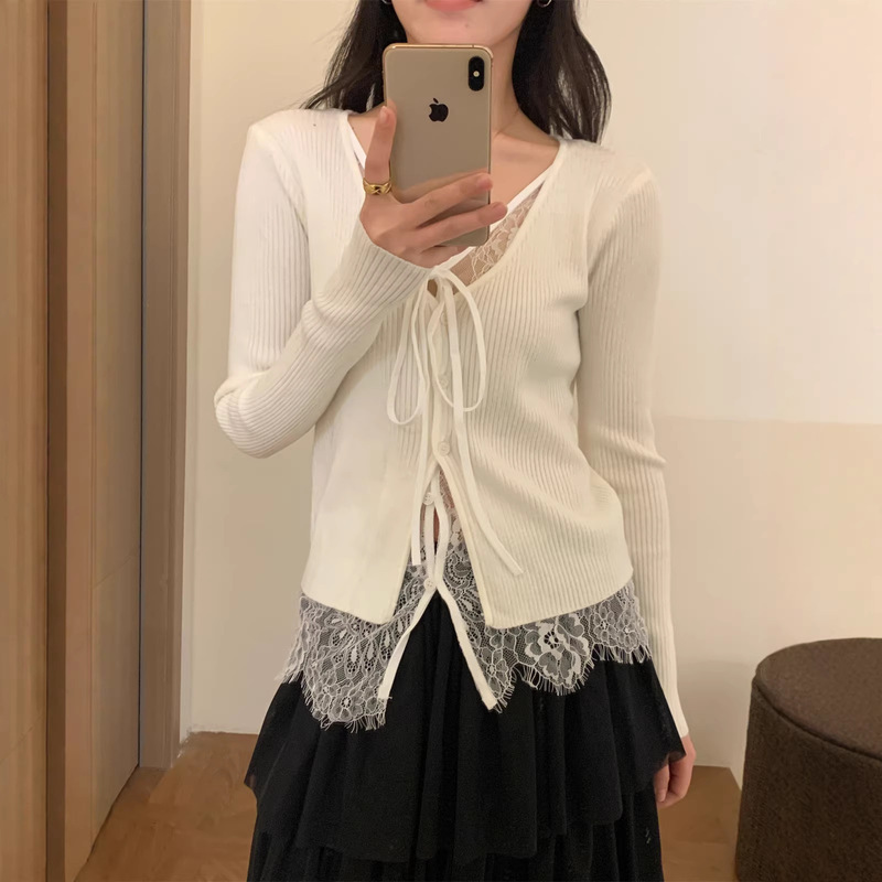 2026 Spring/Summer New Lace-Up Faux Two-Piece Knitted Cardigan for Women, Fashionable and Sweet Korean Style Outfit Top 2026 Spring/Summer New Lace-Up Faux Two-Piece Knitted Cardigan for Women, Fashionable and Sweet Korean Style Outfit Top