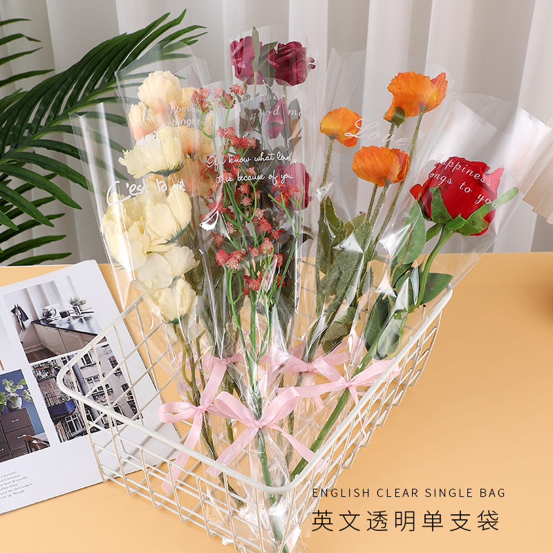 Bolsa transparente individual para ramo de San Valentín, varios bolsos, materiales para floristería al por mayor, bolsa de embalaje para flores de color sólido