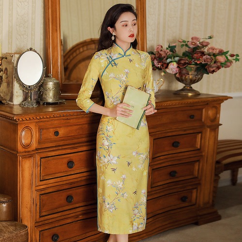 Yellow floral qipao Chinese dresses for women girls restoring ancient ways improved qipao everyday  young cultivate morality miss etiquette host singers evening dress