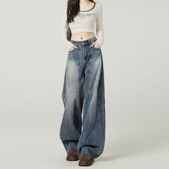 复古蓝高街宽松阔腿牛仔裤女秋季美式设计感小众高腰垂感弯刀裤子