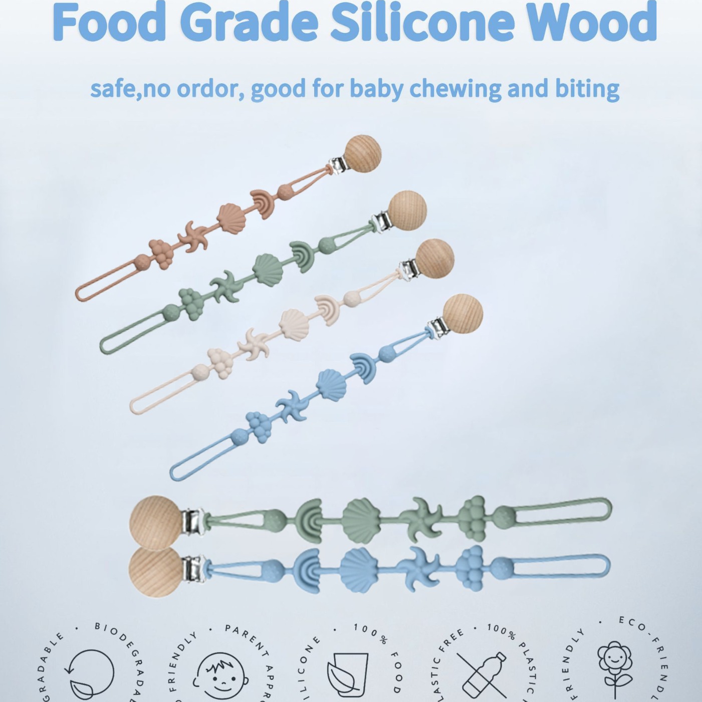 Nuevos productos para bebés de Amazon, clip para chupete de haya, cuentas de madera con forma de arco iris, cadena para chupete de silicona, cadena anticaída