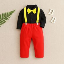 Samgami baby童装春季新款男童绅士礼服小套装黑色衬衫红色背带裤