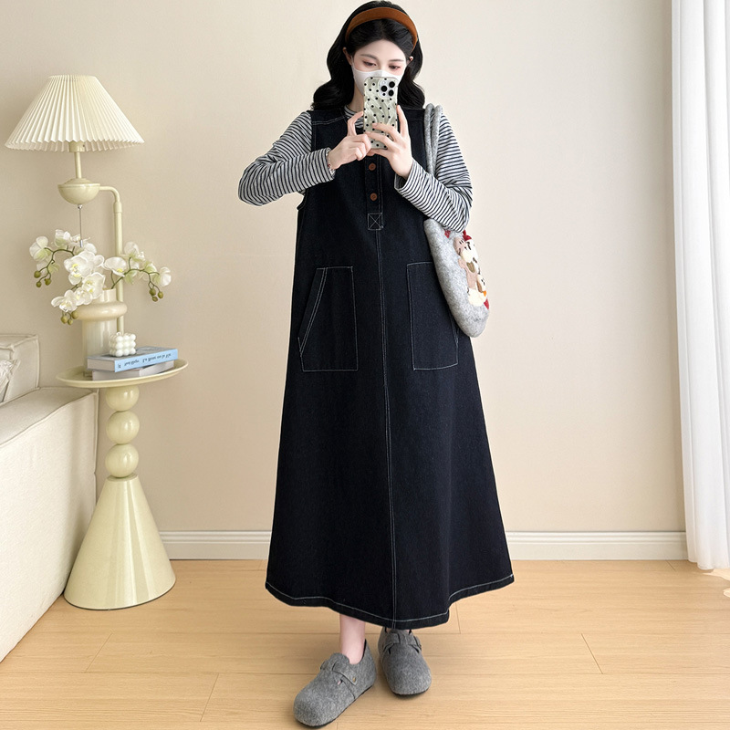 孕妇装秋季新款百搭条纹上衣+韩版宽松休闲牛仔背心裙孕妇两件套|undefined