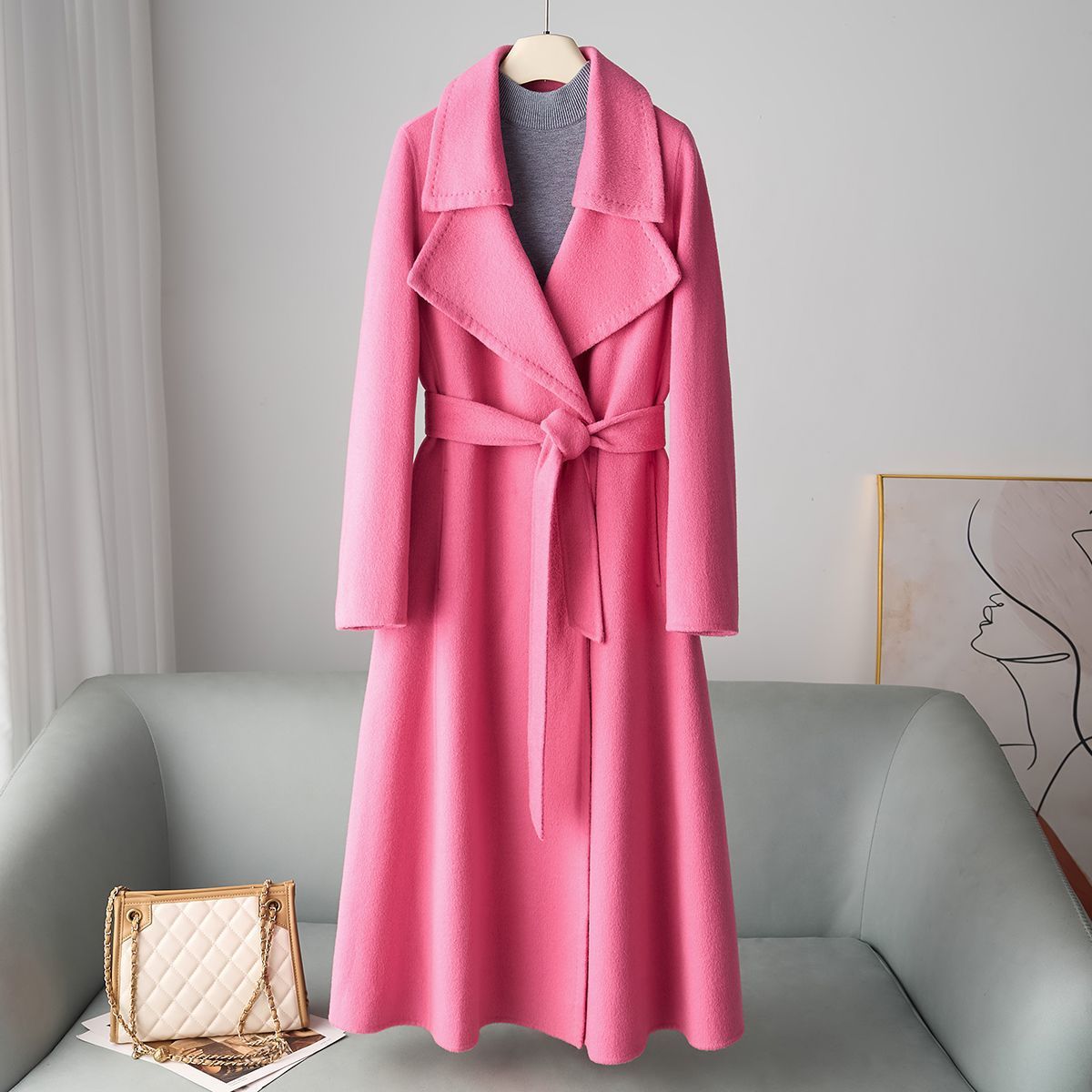 ​Women's Double-Faced Wool Coat With 30% Cashmere, Belted Trench Style, Elegant Long Coat For Autumn Winter, Pure Color, Office & Casual Wear​_voghion.com