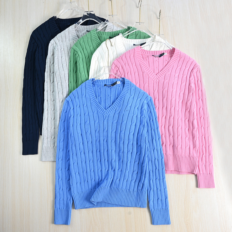 Siqi Women's Clothing 259/15 American Single Classic Embroidery Thick Needle Cotton Thread Cable V-Neck Long Sleeve Knitted Sweater