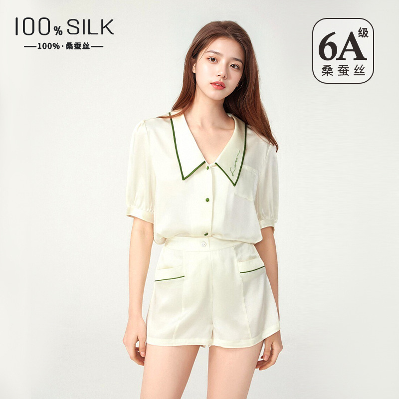 2026 Spring and Summer New Style Doll Collar Silk Pajamas for Women 100% Mulberry Silk Short-Sleeved Shorts Home Wear Set