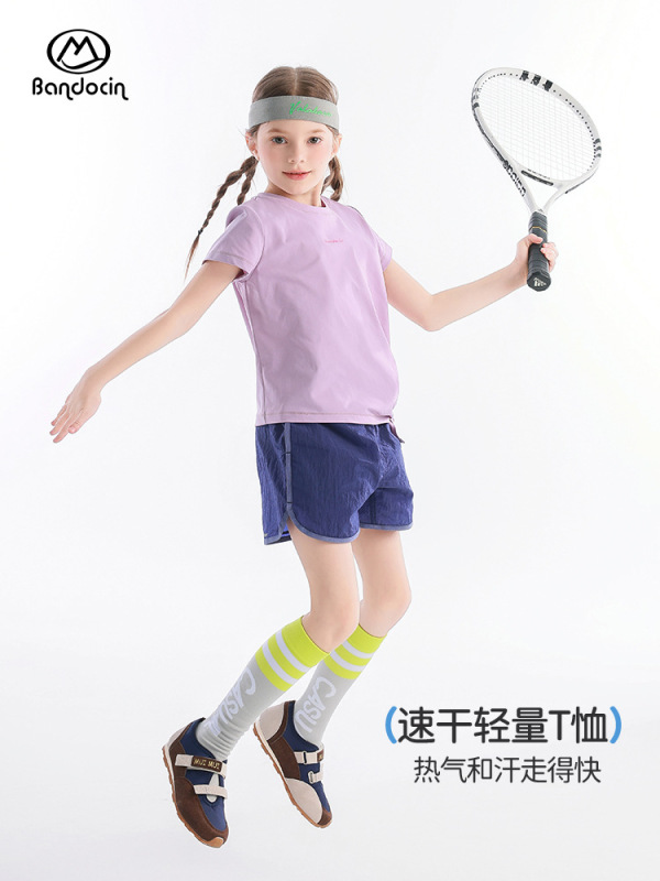ハーフデグリーレジャーガールズ半袖Tシャツ夏薄手速乾服2025新しい子供用スポーツストレッチトップ夏服T|undefined