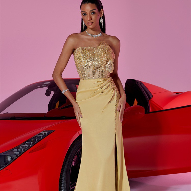 European and American New Style Sequined Flower Tube Top Evening Dress for Women's Banquet Sexy Elegant Slim Fishtail Skirt Slit Dress