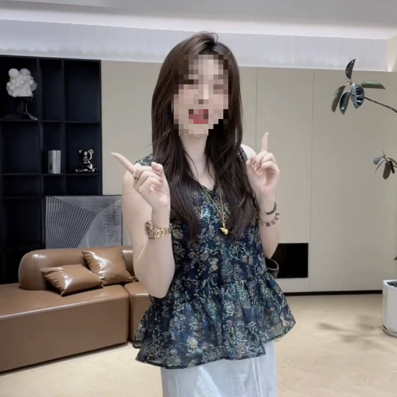 G6N2025 новый летний стиль простой французский топ с v-образным вырезом и цветочным принтом без рукавов для женщин