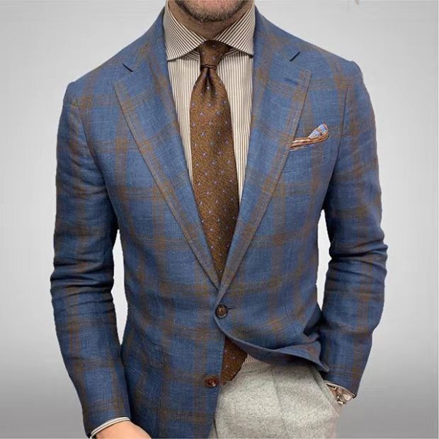 2023 foreign trade new men's plaid lapel long sleeve suit jacket wish AliExpress explosions men's casual suit