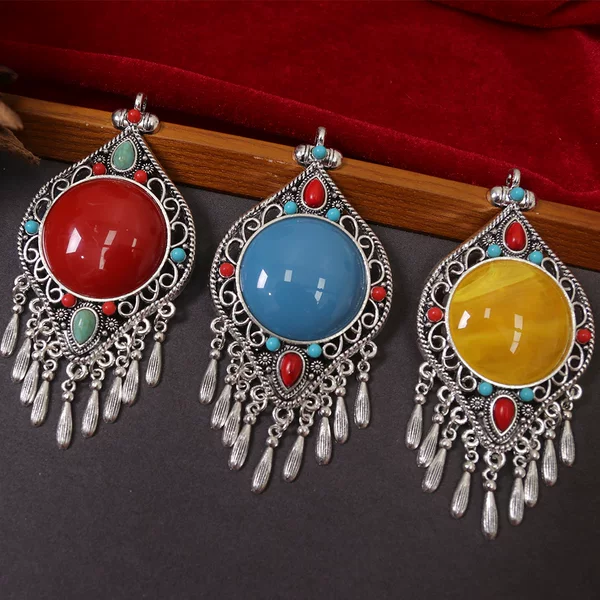 Retro Ethnic Style Tassel Pendant Alloy Electroplated Gemstone Necklace Xizang Mongolian Ethnic Clothing Accessories