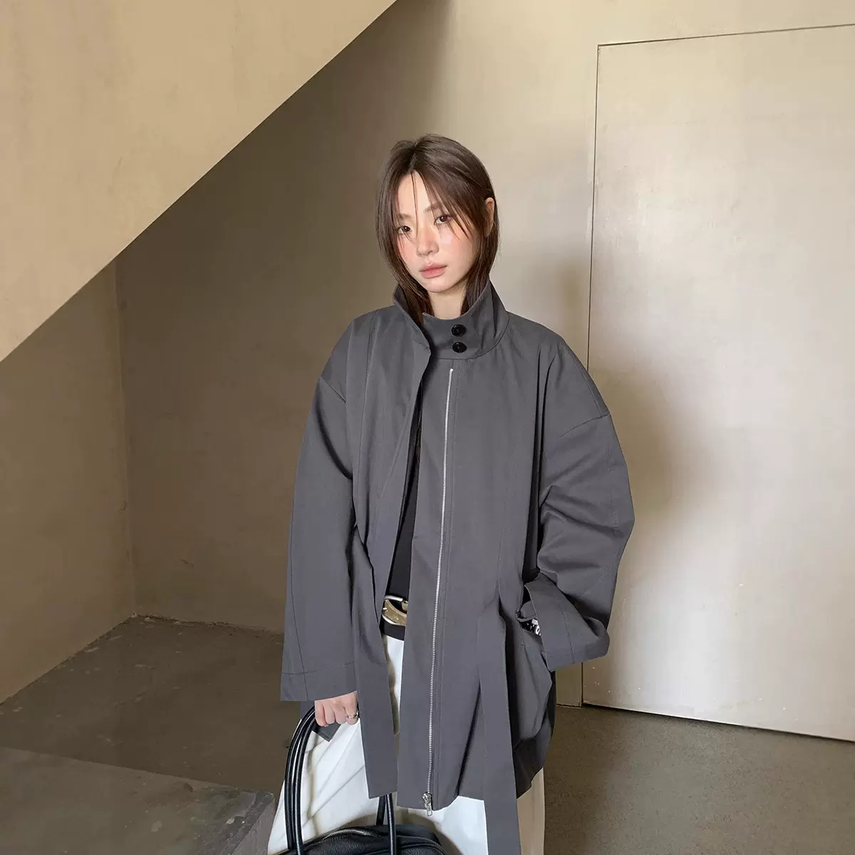 广州十三行2025秋纯棉立领风衣外套女英伦风廓形短款风衣女02978