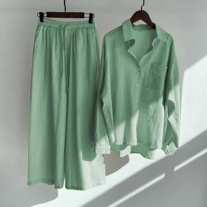 Women's Clothing Women's Retro Plus Size Cotton Linen Shirt Set High Waisted Loose Fitting Trousers Two Piece Set 20 Colors_ecoleips.com