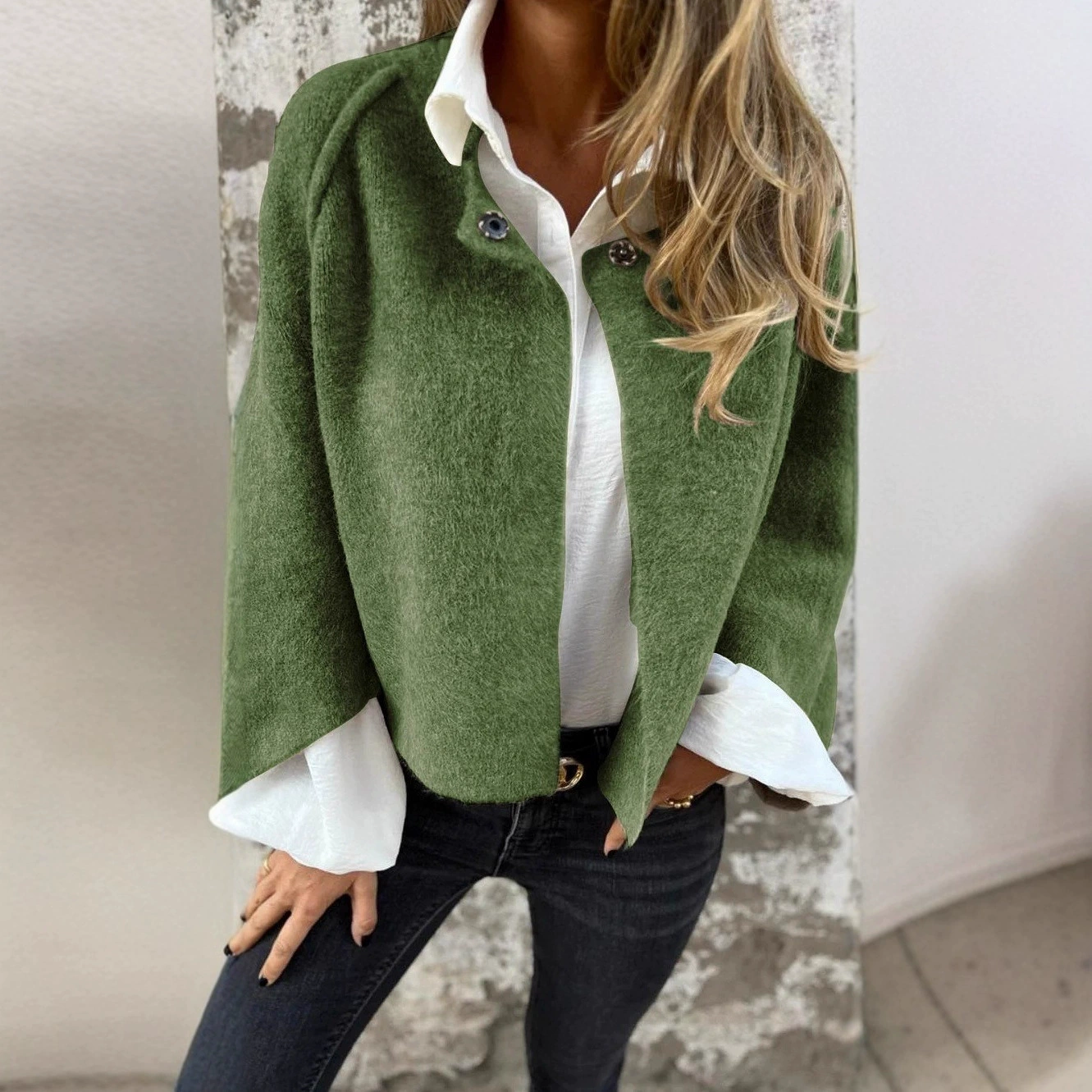 Демисезонная короткая кашемировая куртка с длинным рукавом, AliExpress, свободный крой