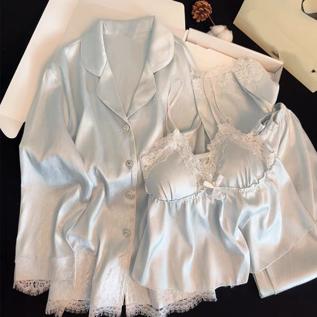 [Glacier Blue Four-Piece Set] French Ice Silk Pajamas Women's Suspender Shorts High-Quality Satin Lace Home Clothes