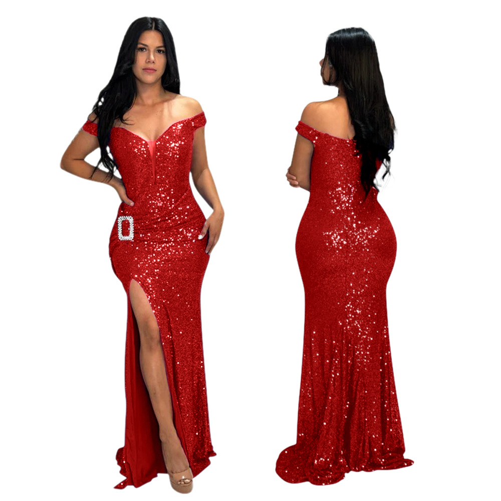 Frauen Kleidung heißer verkauf sexy eine schulter hohe schlitz pailletten kleid frauen kleidung_voghion.com