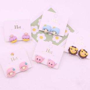Children's new cartoon earless earrings baby cute cake kitten anti-pain ear clip girl small size ear jewelry
