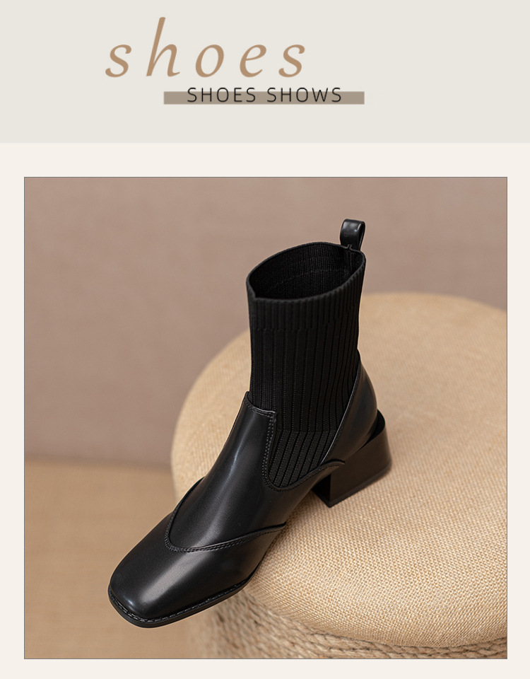 Women's Ankle Boots French Retro Square Toe Thick Heel Mid Calf_voghion.com