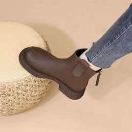 真皮切尔西短靴女2025年秋冬新款软加绒防滑英伦风马丁靴瘦瘦靴男