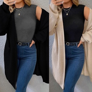 Amazon Autumn and Winter Cross-Border European and American New Women's Clothing Large Size Solid Color Loose Knitwear Women's Lapel Jacket Sweater Women