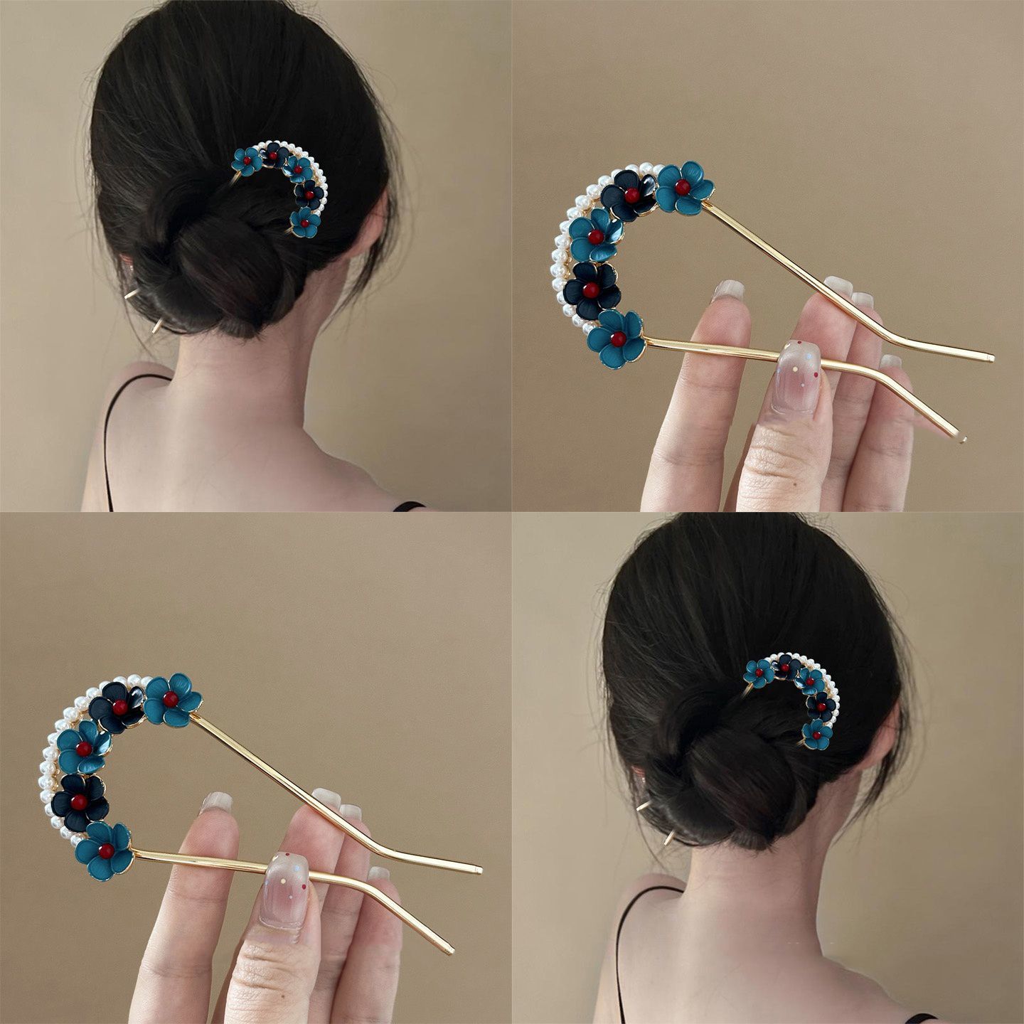 Guofeng imita flor azul quemada perla en forma de U bandeja de alpinadores de cabello nuevos productos de ropa china cheongsam accesorios de mujer explosión