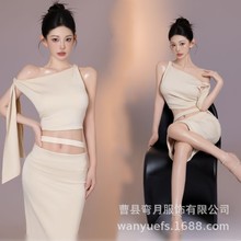 影楼御姐写真法式高级感斜肩裙欧美纯欲风个人韩杂艺术照摄影服装