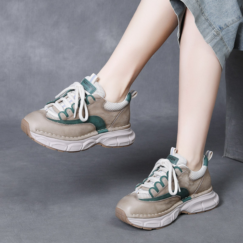 吉树25头层牛皮系带休闲运动女鞋真皮拼色防踢鞋头单鞋老爹鞋热销