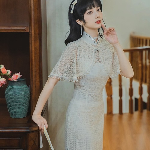 Retro lace chinese dresses oriental qipao dress stage performance temperament lace improved cheongsam dress Two-piece shawl photos shooting cheongsam dresses
