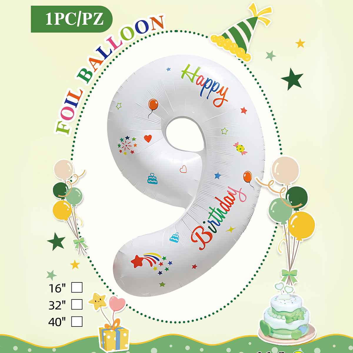 Embalaje de tarjeta de papel independiente digital de cumpleaños impreso en blanco de 32 pulgadas, decoración de fiesta de la versión estadounidense, película de aluminio, decoración de globos de papel de aluminio