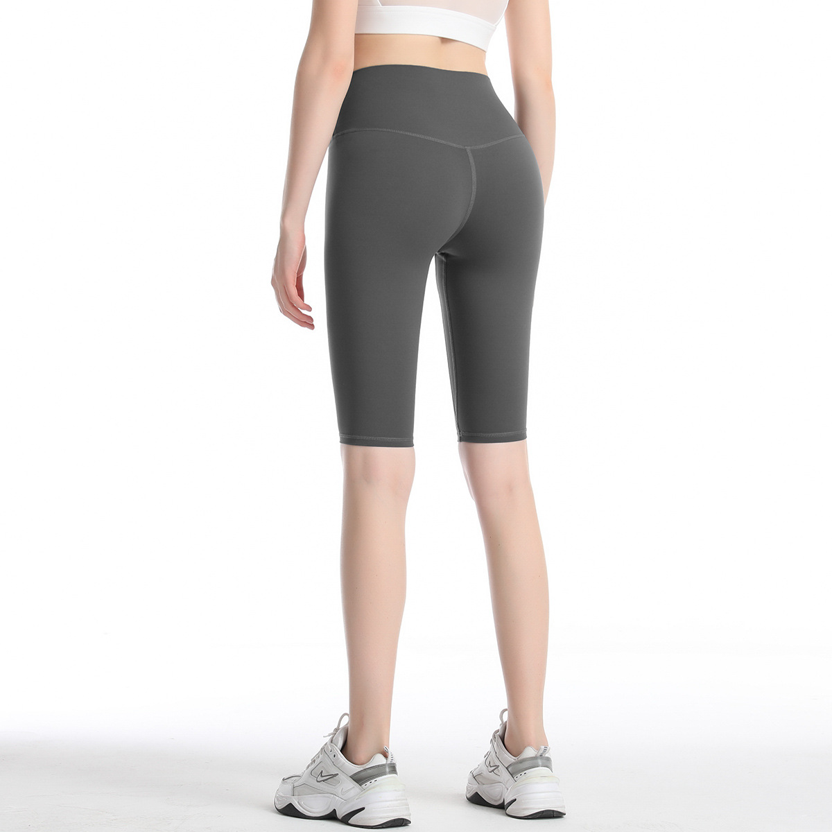 Pantalones de fitness de doble cara cepillados de alta elasticidad con efecto segunda piel, cintura alta, realce de glúteos, shorts de yoga ajustados de cinco puntos para mujer.