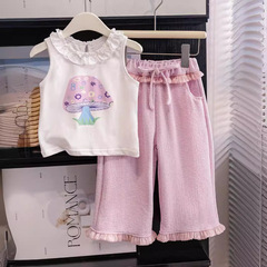 Little Girl Korean Sweet Set 2024 New Fashion Summer Dress with Lace Print Blouse and Straight Leg Pants Trendy