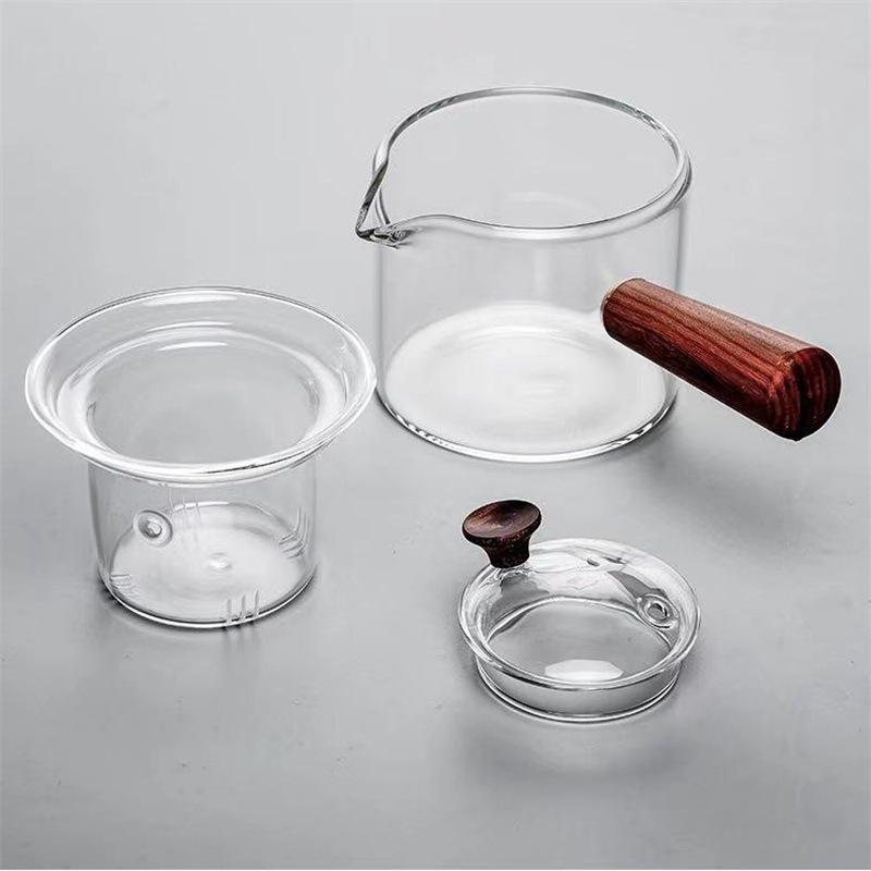 Manija lateral tetera de vidrio calefacción mango de madera fabricante de té tetera hogar resistente al calor Kung Fu juego de té traje