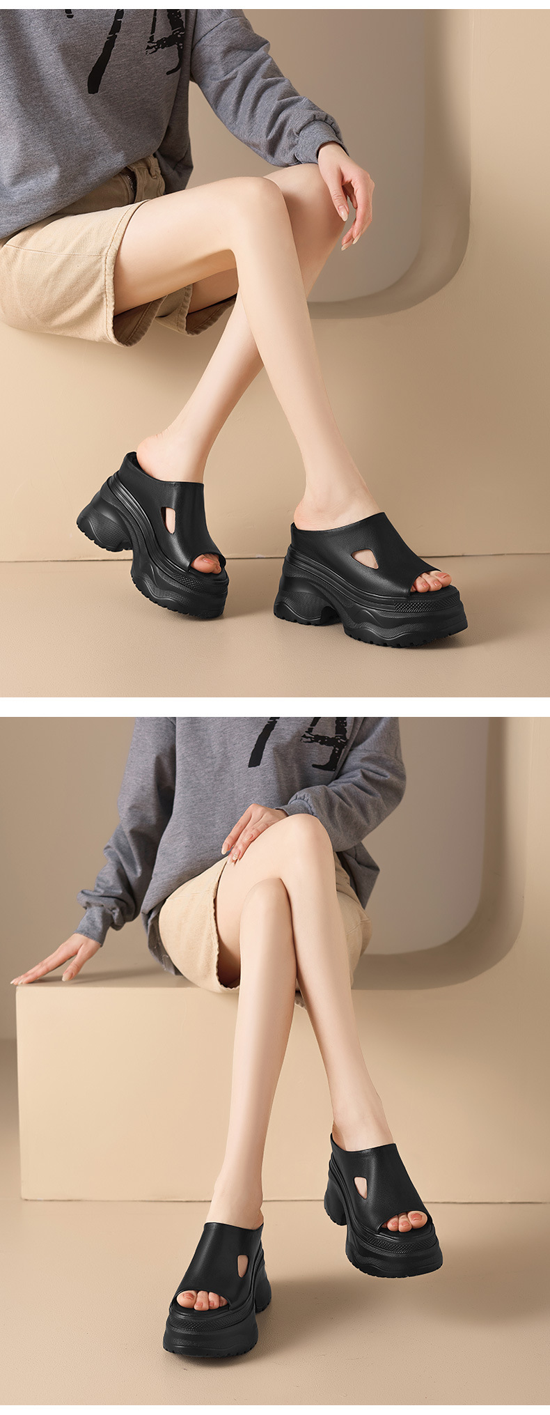 Sandal cao gót nữ hở mũi đế dày 12 cm, phong cách đường phố — màu đen, Trắng kem- chi tiết 8