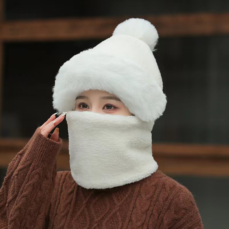 帽子女性の秋冬の新しいスタイルのスカーフマスク一体型耳保護防風帽子プラスベルベット厚みのあるサイクリング暖かい包頭帽子|undefined