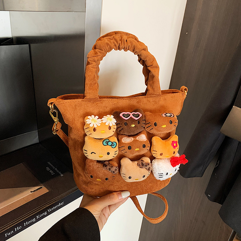 时尚豹纹女孩手提包卡通可爱毛绒公仔男女童单肩包新款儿童水桶包