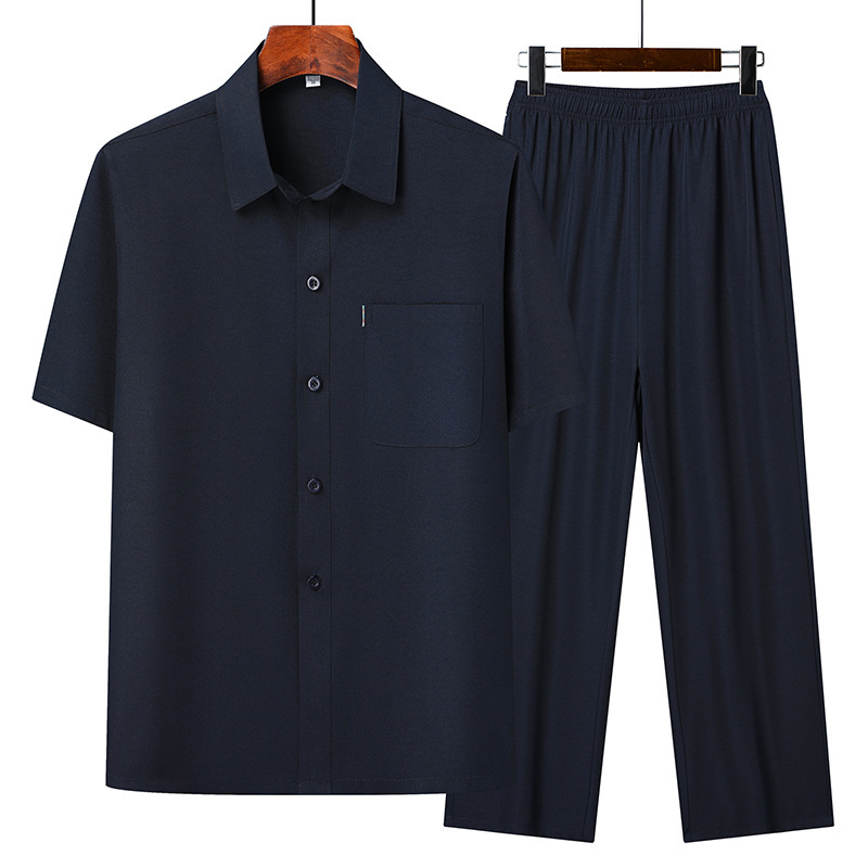 Dad's Summer Short-Sleeved Shirt, Middle-Aged and Elderly Men's Cardigan, 70-Year-Old Grandfather's Summer Breathable Suit, Two-Piece Set for the Elderly