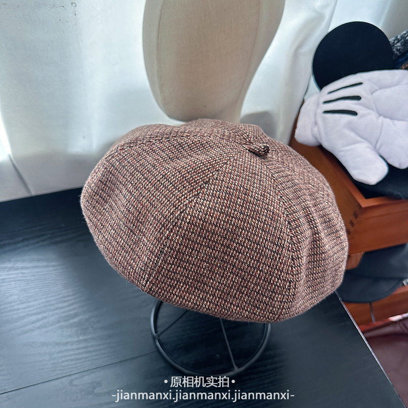 日系复古时髦格子八角帽子女春秋气质百搭显脸小鸭舌帽户外画家帽|undefined