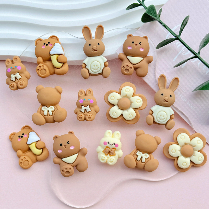 Curry esmerilado oso conejo resina diy accesorios joyería caja de teléfono móvil agujero zapatos agujero parches clip para el pelo material de joyería para el pelo