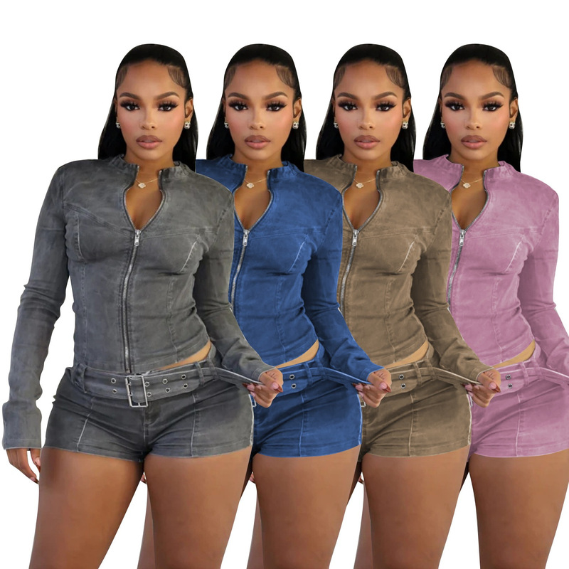 New denim shorts set in stock, hot-selling in Europe and America, long-sleeve elastic shorts and belt set