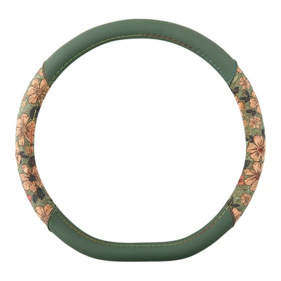 Steering wheel cover leather car steering wheel cover - green-hawaiian-flower-d-type-38cm