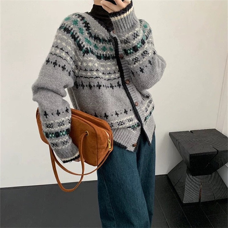韩版复古针织毛衣外套女秋冬季2025新款提花宽松显瘦排扣长袖上衣|undefined