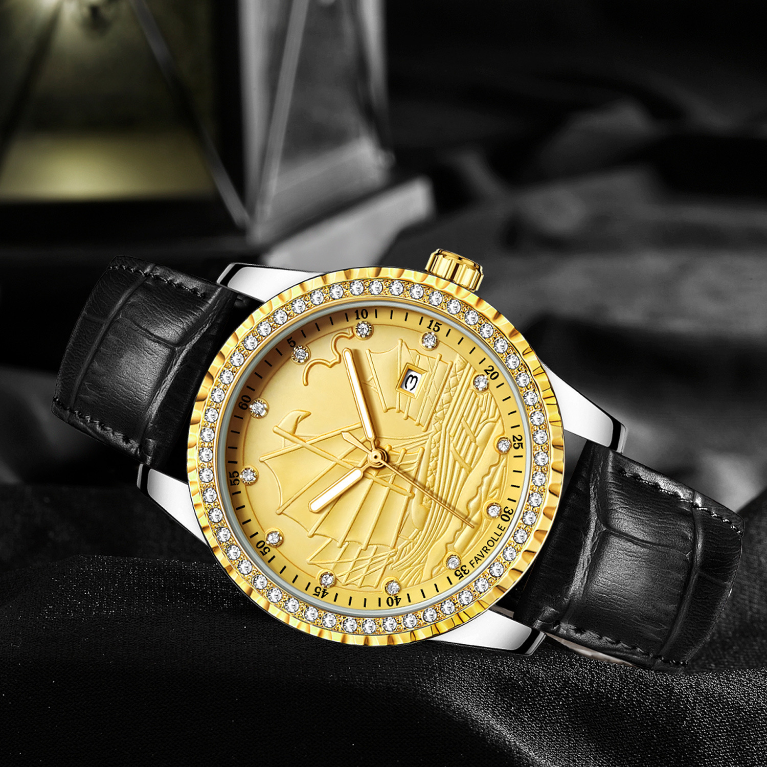 Flash Sale Wholesale Fake Mechanical Watches for Men Gold Fully Automatic Amazon Cross-Border Trendy Full Diamond Waterproof Watches Dropshipping