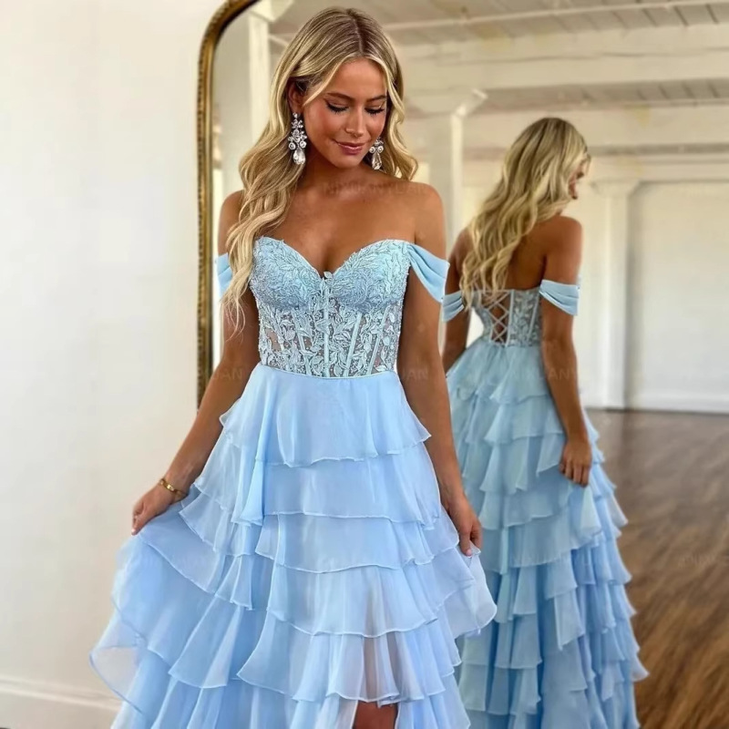 European and American Amazon Vintage Strapless Evening Gown Ball Party Princess Dress with Layered Ruffles and Slit Long Skirt European and American Amazon Vintage Strapless Evening Gown Ball Party Princess Dress with Layered Ruffles and Slit Long Skirt