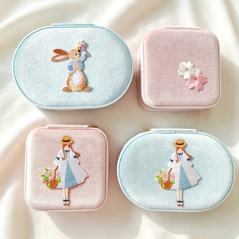 Cross-border portable jewelry box, mini travel jewelry case, earring storage, Korean velvet jewelry organizer, high-end and exquisite