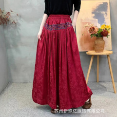 2025文艺气质重工刺绣半身裙女民族风复古提花缎面宽松纯色大摆裙