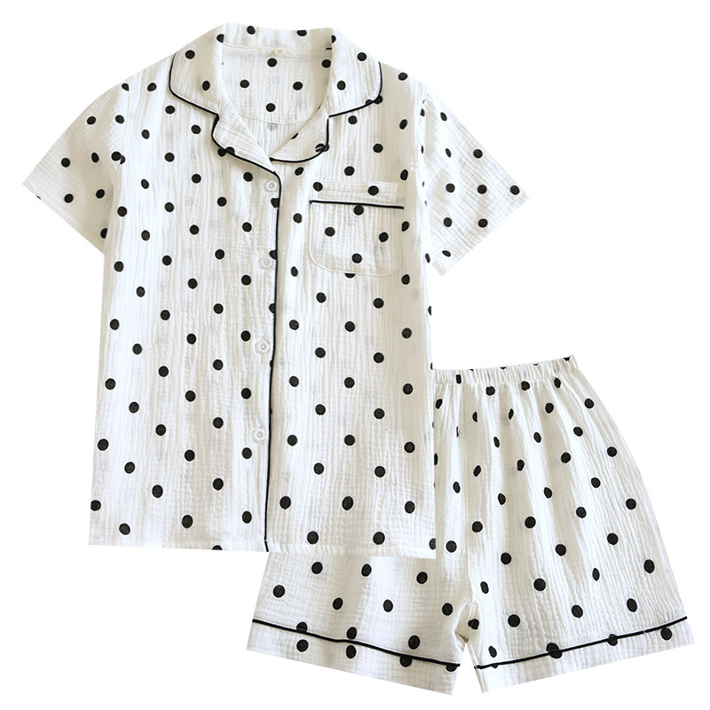 Summer thin pajamas suit women's breathable pure cotton gauze home wear polka dot cute lightweight short sleeve shorts