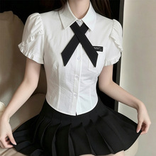 纯欲风短款泡泡袖衬衫套装女夏高腰蝴蝶结辣妹短袖上衣