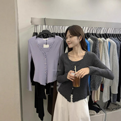 MISS密思家 秋季韩系简约甜美风波浪边显瘦假两件针织衫女A0833