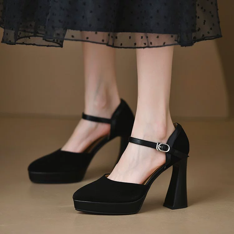 Elegant suede high heels platform, sandals pointed-toe with a strap low-cut, with side cutout in d'Orsay style, wide stable heel, spring 2025 collection